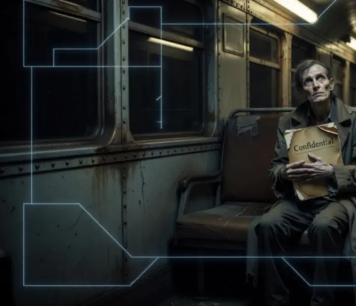 Black-and-white dossier photo of a subdued pianist in a dim train carriage